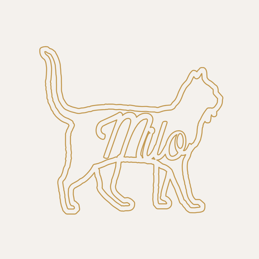 Charm preview: a tabby cat silhouette with the name Milo inside